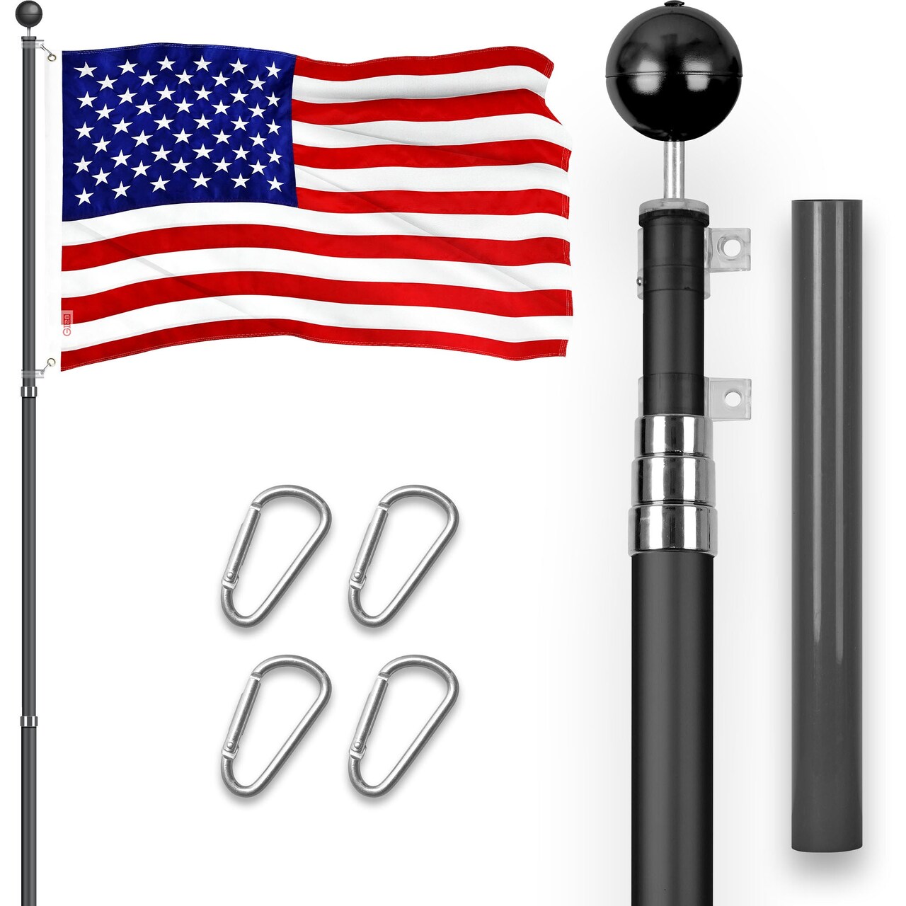 G128 Combo Pack: 16 Ft Telescoping Aluminum Flagpole (Black) & American USA Flag 2.5x4 Ft, ToughWeave Series Embroidered 210D Polyester | Pole with Flag Included